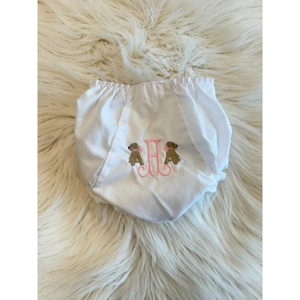 H monogrammed bloomers‎ with dogs 0/3m fit EUC